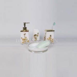 Square white with gold decaled glass bathroom accessories with toothbrush holder