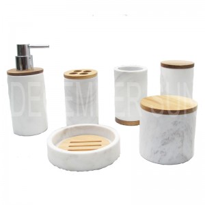 White marble with wood parts bathroom accessories set