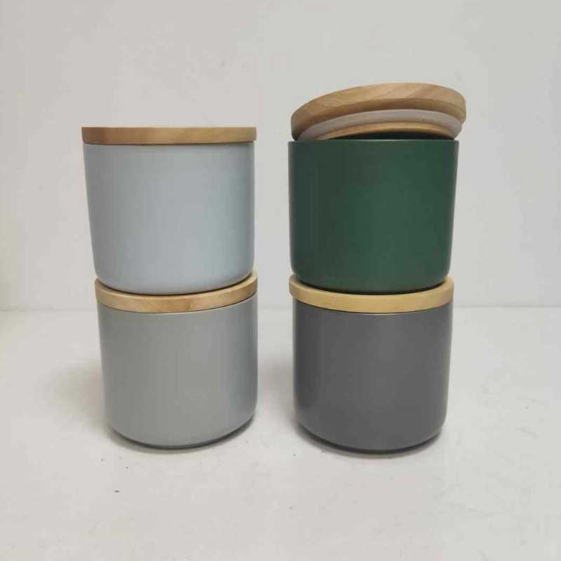 Wholesale small round with wooden lid ceramic stoneware storage canister jar