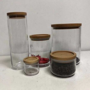 Clear glass food storage canister jar collection with air tight wooden lid