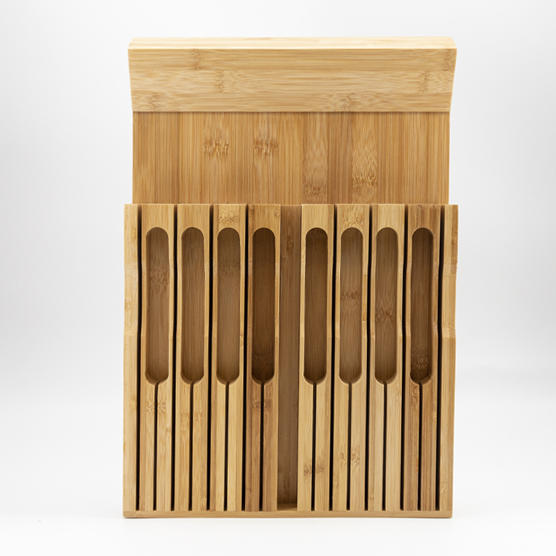 Natural bamboo knife block drawer organizer set
