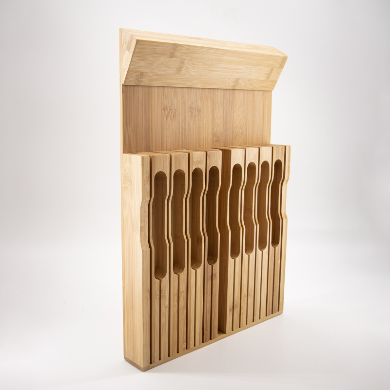 Natural bamboo knife block drawer organizer set